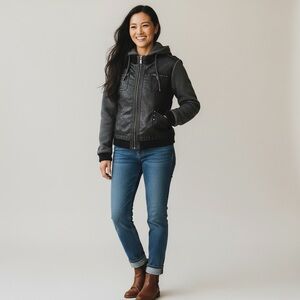 Women's Faux Leather Hooded Jacket, Large, Black&Gray. Allen B Allen Schwartz